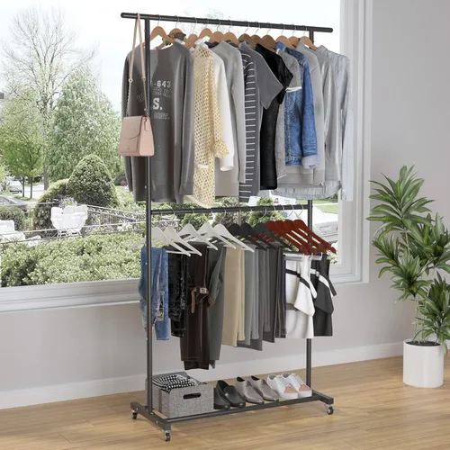 Miniatura 2 de Sywhitta Perchero de Ropa de Doble Barra Rodante, Organizador de Ropa con Ruedas para Colgar Ropa, Fácil de Ensamblar, Ajustable, Negro