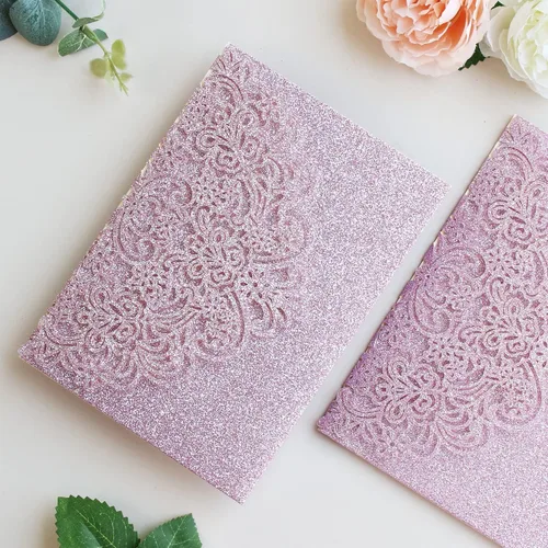 Miniatura 6 de Hosmsua 50 bolsillos de invitación de boda con purpurina morada, 5.12 x 7.2 pulgadas, corte láser, bolsillos de invitación de quinceañera de encaje