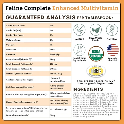 Miniatura 5 de Wholistic Pet Organics Feline Complete Organic Pumpkin - 4 onzas - Multivitamínico y probiótico en polvo para gatos - Alimento natural para gatos