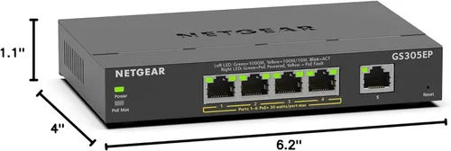 Miniatura 9 de NETGEAR Switch PoE Gigabit Ethernet Easy Smart Managed Essentials de 5 puertos (GS305EP) - con 4 x PoE+ @ 63W, para montaje en escritorio o en pared