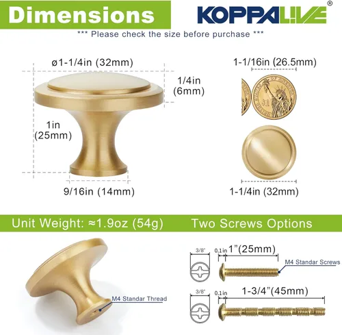 Miniatura 2 de Paquete de 5 pomos de latón macizo, pomos redondos dorados para cajones de tocador, manijas de latón cepillado, accesorios para armarios de cocina