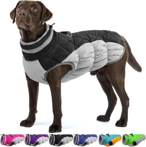 Miniatura 11 de Abrigo de invierno para perro, chaqueta grande para perro, chaqueta impermeable para mascotas con cremallera trasera, abrigo para mascotas con arnés