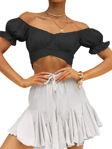 Miniatura 5 de LYANER - Blusa ombliguera para mujer de manga corta con volantes, nudo en la espalda y hombros descubiertos, blusa estilo Bardot