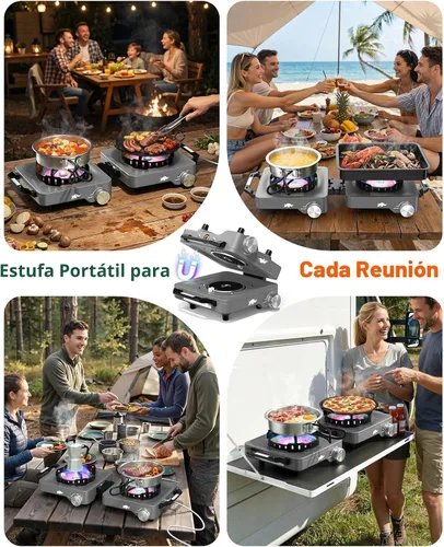 Miniatura 9 de Estufa de campamento con 2 quemadores de propano, 30,000 BTU plegable con rejillas resistentes al viento y sartén, estufas de camping portátiles