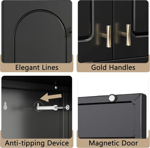 Miniatura 5 de Gabinete de Pared de Metal de 81 cm con 2 Puertas, Gabinetes Colgantes Negros con Manija, Gabinetes de Vestir de Metal, Armario Vestidor Clóset