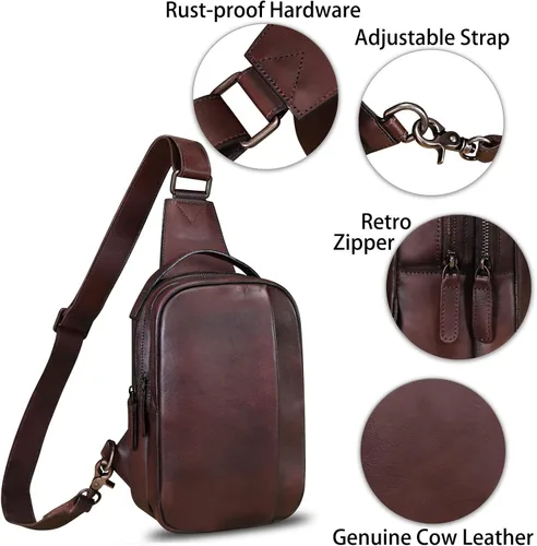 Miniatura 6 de LRTO Bolso de cuero genuino para hombres y mujeres, mochila bandolera de cuero real para el pecho, bolso cruzado, Café, Mochilas Sling