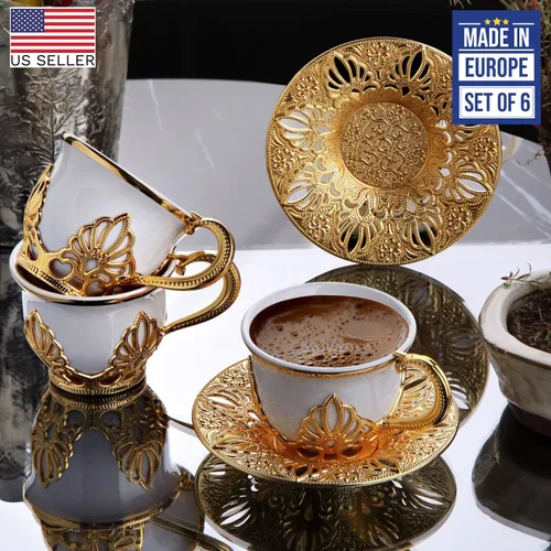 Miniatura 2 de Juego de 6 tazas de café Lujosas tazas de porcelana hechas a mano de 18 piezas con platillos de metal y portavasos extraíbles Juego de tazas