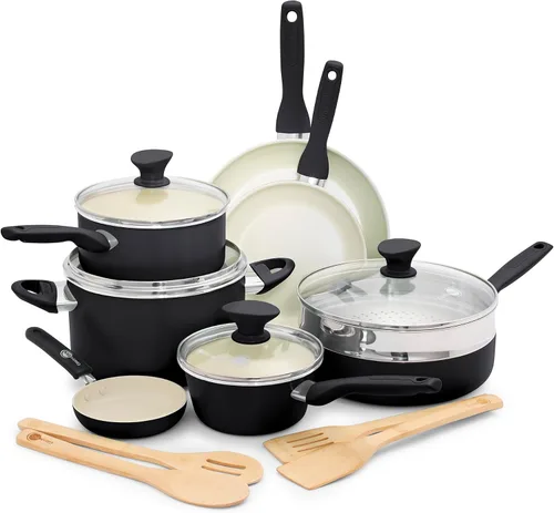 GreenPan Rio - Juego de ollas y sartenes de 16 piezas, anodizado duro, cerámica saludable antiadherente, sin PFAS, asas de baquelita, sartenes,