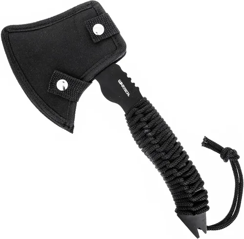Miniatura 3 de ASR Outdoor Hacha de acero de espiga completa de 12 pulgadas con gancho de tripa, agujeros hexagonales, mango y funda de paracaídas, color negro