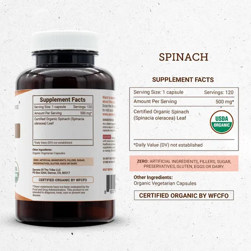 Miniatura 4 de Secrets of the Tribe Espinaca 60 Cápsulas, 500 mg, USDA Organic Spinach (Spinacia oleracea) Hoja Seca (60 Cápsulas)