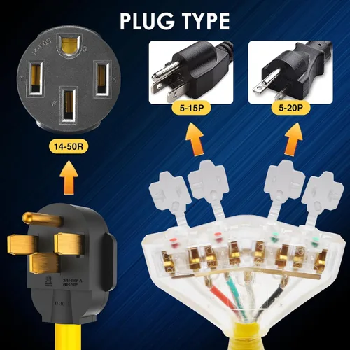Miniatura 4 de Adaptador de 50 amperios a 20 amperios 110 Distribución RV NEMA 14-50P 4 clavijas macho a 4X 5-20R enchufe doméstico hembra con tapas de protección