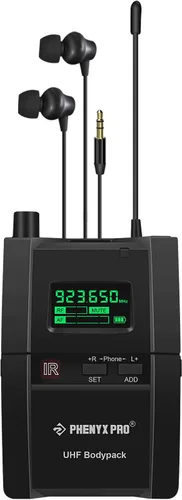 Phenyx Pro PTM-10 Sistema de monitor en el oído, inalámbrico, estéreo, receptor de bodypack, rendimiento con 89 frecuencias ajustables