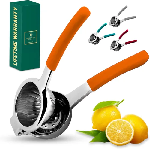 Bellemain Exprimidor de cítricos | Exprimidor de limón de metal | Exprimidor de lima y limón de acero inoxidable con asas de silicona | Exprimidor