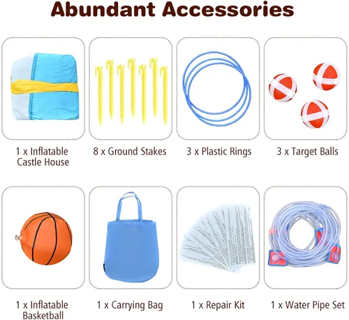 Miniatura 5 de OLAKIDS Tobogán acuático inflable, casa de rebote 7 en 1 con 2 toboganes de escalada de pared, piscina con 2 columnas de anillo, pistola de agua
