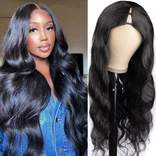 Miniatura 26 de Pelucas con camino en V ondulada de cabello humano virgen brasileño para mujeres negras; mejora de pelucas con camino en U, sin pegamento, con clip