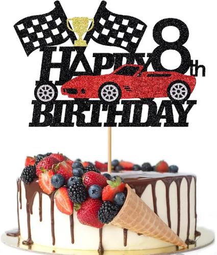 Miniatura 12 de Decoración de pastel de auto de carreras de 3 años, decoración de pastel de feliz tercer cumpleaños, auto de carreras, bandera a cuadros, rueda