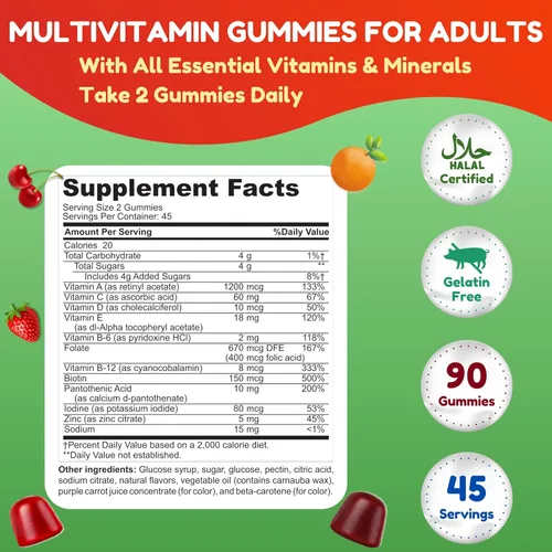 Miniatura 2 de Gomitas multivitamínicas halal y vegetarianas para adultos, 45 porciones. Con 12 vitaminas y minerales esenciales. Sin gelatina y gluten. Vitaminas