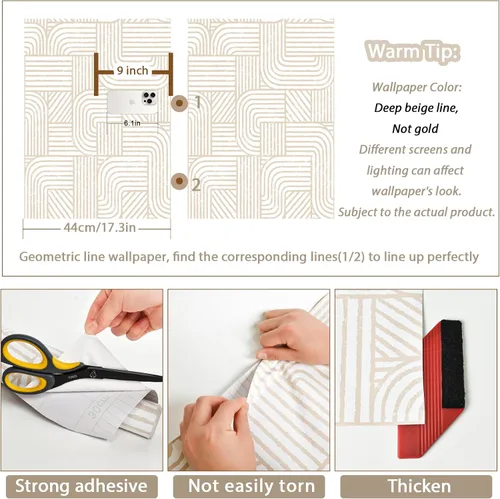 Miniatura 2 de Papel tapiz moderno para despegar y pegar, papel de contacto bohemio para armarios, cajones, rayas beige y blancas, papel tapiz geométrico