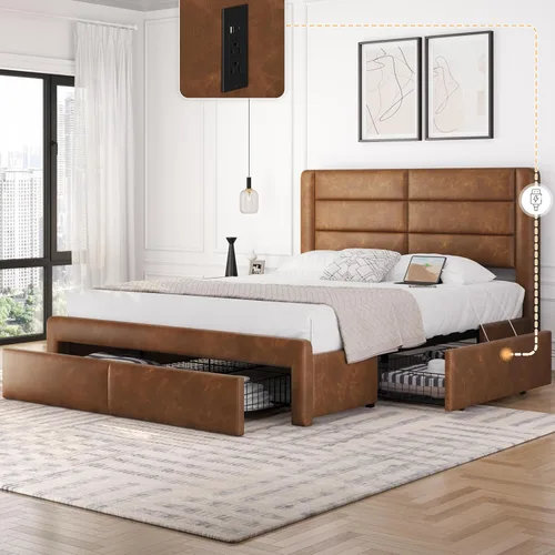 Miniatura 15 de Yaheetech Marco de cama tamaño completo con 2 estaciones de carga USB/puerto para tipo A y tipo C/3 cajones de almacenamiento, cama plataforma