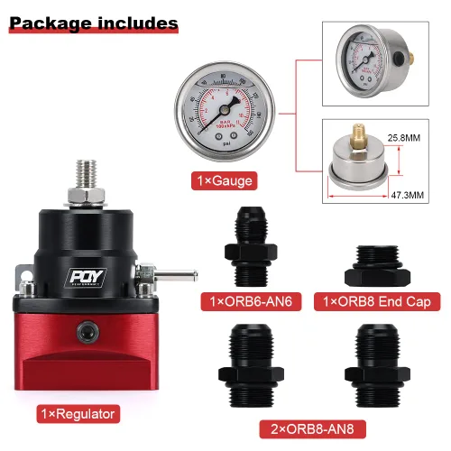 Miniatura 3 de Regulador de Presión de Combustible AN8 de Alimentación y AN6 de Línea de Retorno + Juego de Manómetro 0-160PSI Negro+Rojo