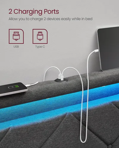 Miniatura 4 de VASAGLE Base de cama LED tamaño individual, cama individual con cabecera y 4 cajones, 1 puerto USB y 1 puerto tipo C, cabecera tapizada ajustable