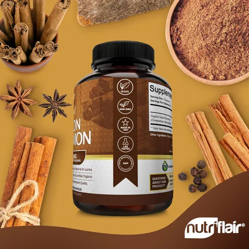 Miniatura 3 de Canela de Ceilán orgánica certificada NutriFlair, 1200 miligramos por porción, 120 cápsulas