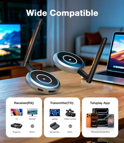 Miniatura 7 de AIMIBO Transmisor HDMI inalámbrico 2026 y 2 receptores, decodificación 4K 1080P@60Hz, 656FT/200M, espejo de aplicación Tutuplay, extensor