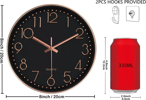 Miniatura 3 de Relojes de pared silenciosos que funcionan con pilas, 8 pulgadas, reloj de pared analógico con número de gran tamaño, esfera de reloj de vidrio