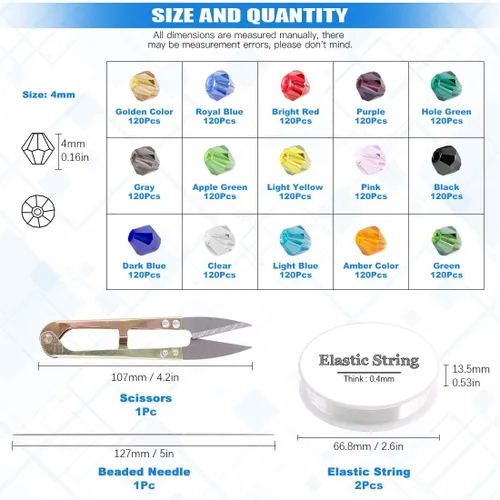 Miniatura 2 de Glarks Juego de 1800 cuentas de cristal de 5/64 pulgadas, cuentas facetadas de cristal con forma de bicono de 15 colores con cuerda elástica