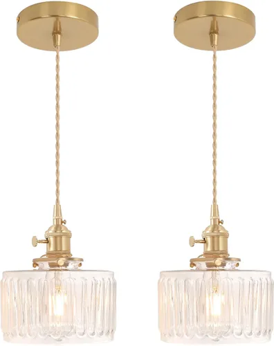Shenmoyl Paquete de 2 lámparas colgantes con pantalla de vidrio transparente a rayas, luz colgante vintage de latón, luz colgante ajustable para