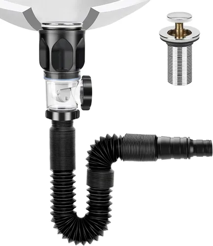 Kit de drenaje de lavabo de baño: kit de drenaje flexible con tubo de drenaje para fregadero flexible y expandible P-tramp, trampa rápida con tapón