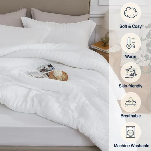 Miniatura 4 de Quataly - Juego de edredón Seersucker tamaño Twin/Twin XL en color blanco; juego de cama de 2 piezas que incluye 1 edredón suave y esponjoso y 1