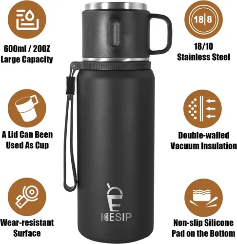 Miniatura 3 de Botella aislada de acero inoxidable, 20 onzas con taza, botella de agua aislada al vacío, termo para bebidas calientes/bebidas frías, viaje con Verde