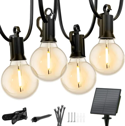 Miniatura 13 de Minetom Tira de luces solares de 34 pies para exteriores con control remoto, luces de patio con 10 bombillas LED inastillables y ganchos, enchufe