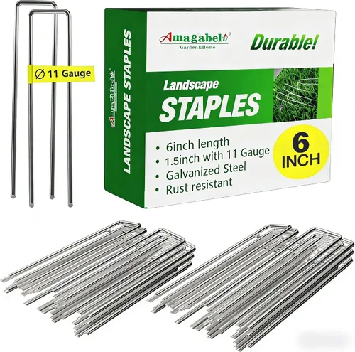 Miniatura 10 de AMAGABELI GARDEN & HOME Paquete de 50 grapas galvanizadas de 4 pulgadas para jardín, estacas de jardín de calibre 12, estacas de cubierta