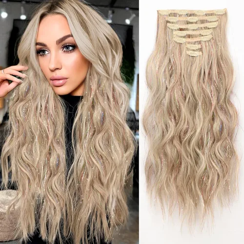Extensiones de cabello de oropel con clip, extensiones de cabello de oropel de mezcla de colores rubios, 7 extensiones de cabello con clips,