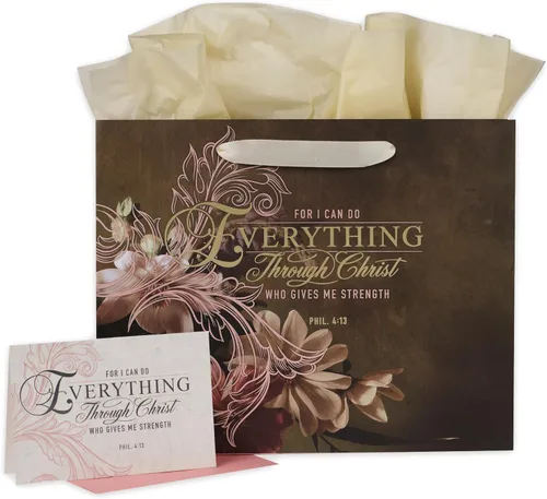 Regalos de Arte Cristiano Bolso de Regalo Decorativo Grande con Tarjeta y Papel de Seda en Paisaje para Mujeres: Todo a Través de Cristo - Fil. 4:13