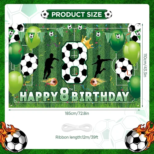 Miniatura 2 de Decoraciones de fiesta de 8 cumpleaños de fútbol – Cartel de feliz cumpleaños para niños, niños, adolescentes – Suministros grandes para fiestas