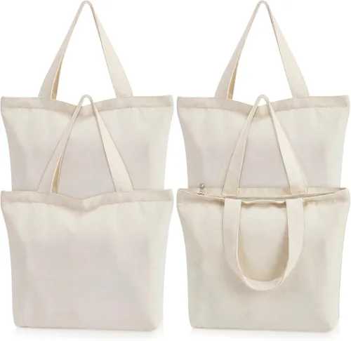 Epakh - Bolsa de lona con cremallera, reutilizable en gran cantidad, grande, de algodón en blanco para compras de comestibles para mujeres, hombres,