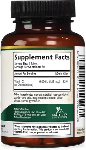 Miniatura 9 de Vitamina D3 5000 UI (125 mcg) por porción, vitamina D extra fuerte masticable para apoyo inmunológico, suplementos para huesos, dientes y músculos