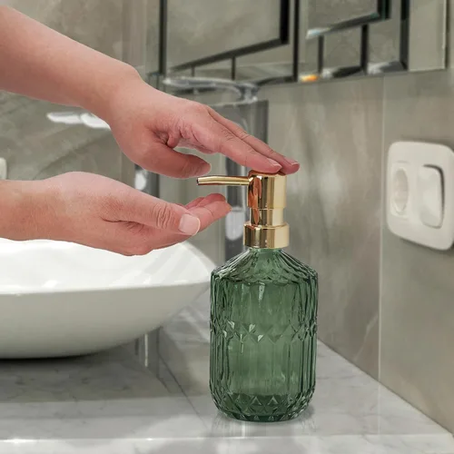 Miniatura 4 de Dispensador de jabón de vidrio Botella verde Bomba de plástico dorado Fregadero de cocina recargable Encimera Dispensador de platos de mano