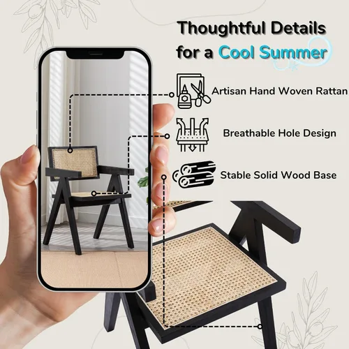Miniatura 5 de Hyfirm Juego de 2 sillas de comedor de ratán negro, sillas de comedor de madera y caña de granja con asiento de bastón, sillones de cocina de ratán