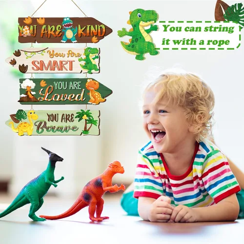 Miniatura 4 de Qunclay 4 piezas de decoración de dinosaurio de madera para niños, letrero de dinosaurio de madera, decoración de pared, acuarela, impresiones