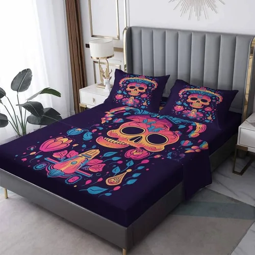Juego de sábanas tamaño Queen – Sábanas de cama con diseño de calavera de azúcar, sábanas y fundas de almohada, microfibra suave, bolsillo profundo