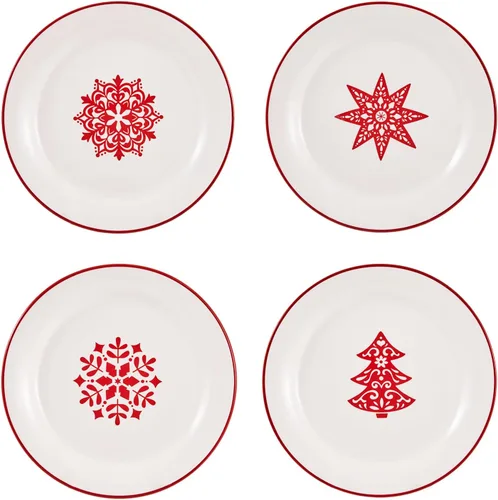 Miniatura 12 de Bico Juego de 4 platos de ensalada de gnomos de Navidad, platos de postre de cerámica de 8.75 pulgadas para ensalada, aperitivo, guarniciones