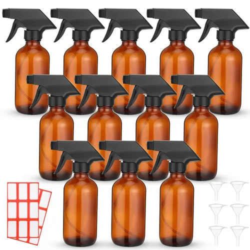 Norme 12 botellas de vidrio de 8 onzas con embudos y etiquetas, botellas vacías recargables con rociadores para soluciones de limpieza de aceites