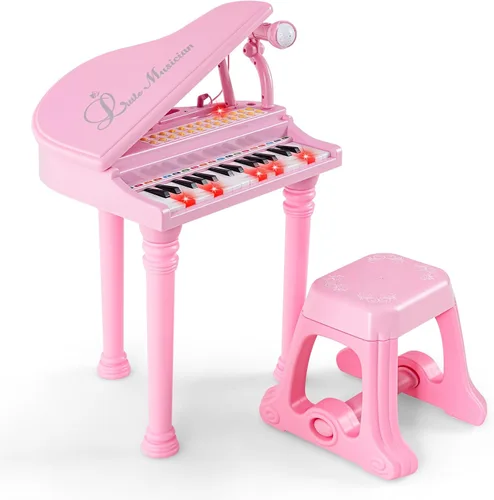 Honey Joy - Piano mini clásico para niños con atril y taburete, piano electrónico portátil, instrumento musical educativo, juguete con micrófono,