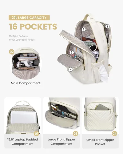 Miniatura 3 de LOVEVOOK Mochila de Viaje para Laptop Bolso para Mujeres Trabajo Negocios Bolsas de Computadora, Beige, 15,6 pulg.
