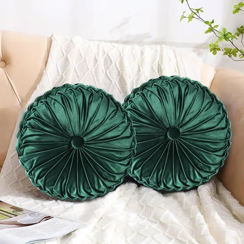 Miniatura 8 de HIG - Juego de 2 almohadas decorativas redondas plisadas, almohadas de calabaza de acento elegantes con botón central, almohadas de suelo