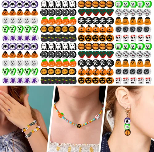 Miniatura 5 de 200 cuentas de arcilla polimérica de Halloween, cuentas espaciadoras Heishi mixtas para mujeres, pulseras, aretes, collares, fabricación de joyas